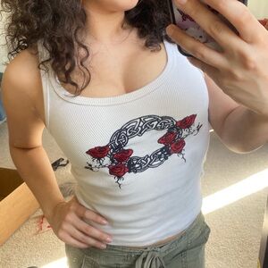 White Tank Top with Red Rose Design